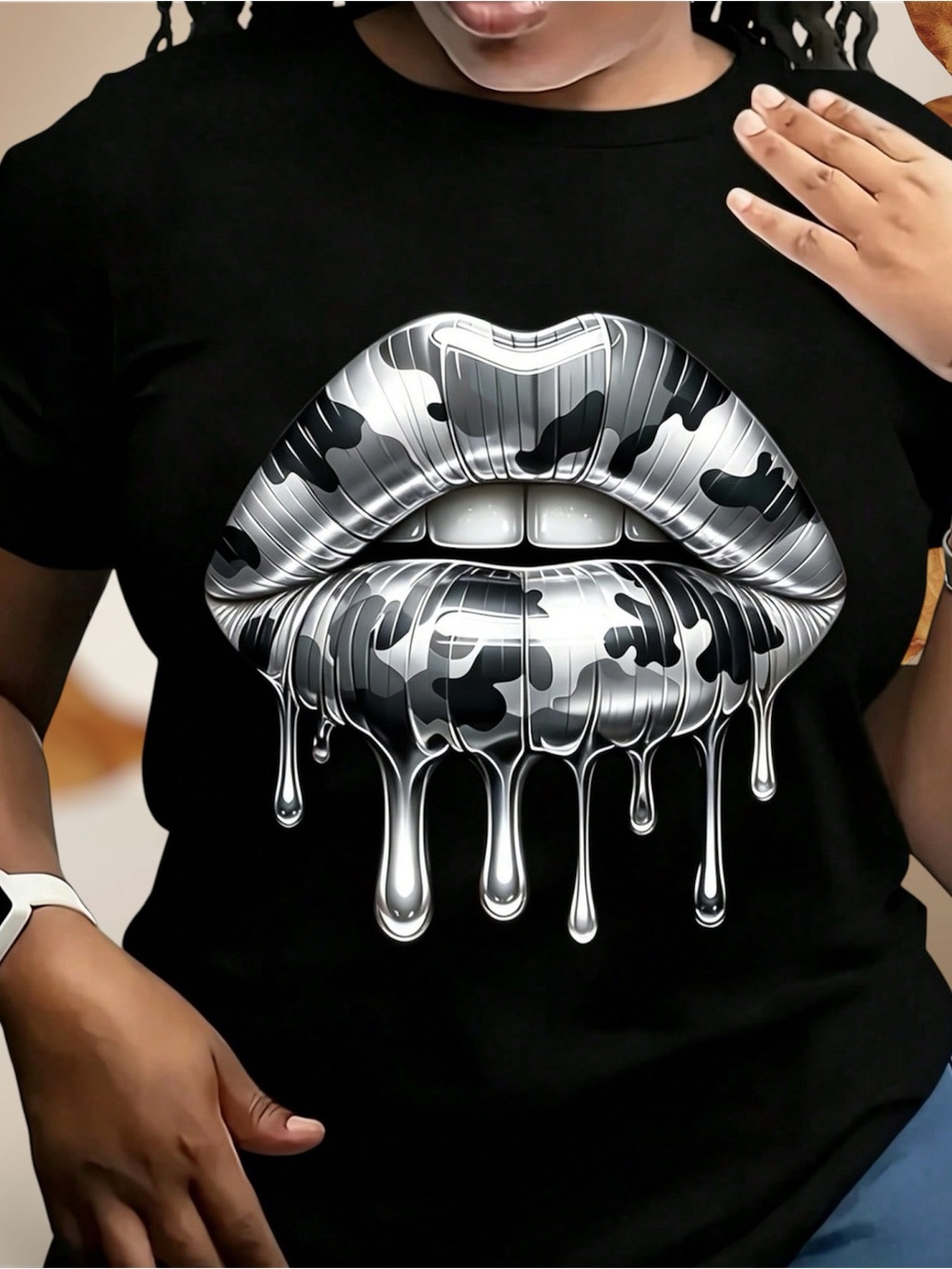 Women's Graphic Tee with Metallic Silver Drip Lips